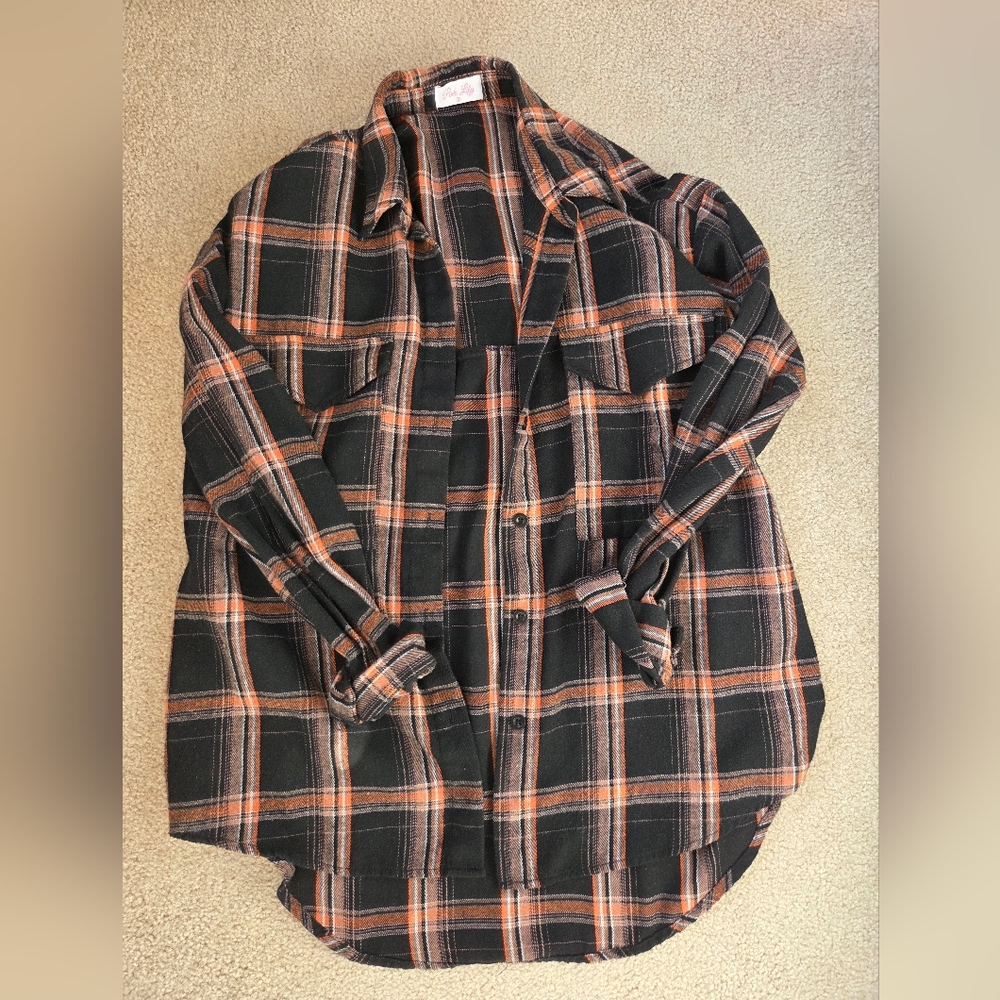 Pink Lily Black and Orange Plaid Shirt
